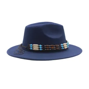 Μπλε τσόχινο καπέλο fedora με εθνοτική ταινία από χάντρες, vintage western jazz καπέλο.