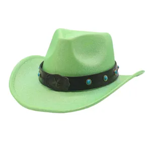 Green glitter western cowboy hat with studded black band and vintage star buckle for party.