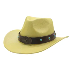 Sparkly western cowboy hat with wide brim, brown band and turquoise stones for party and stage.