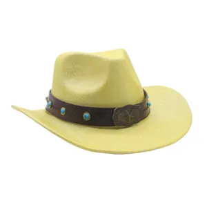 Close-up detail of the glitter western cowboy hat featuring turquoise stones and star buckle.