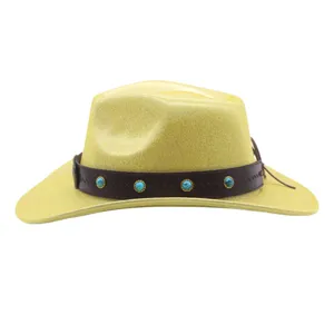Close up detail of the glitter western cowboy hat with brown band and turquoise studs.