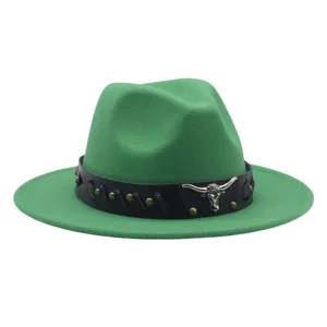 Sombrero fedora verde de lana con cinta de cuero negro, sombrero western para adultos.