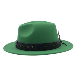 Sombrero fedora verde para hombres y mujeres, sombrero de jazz de ala plana con banda de cuero.