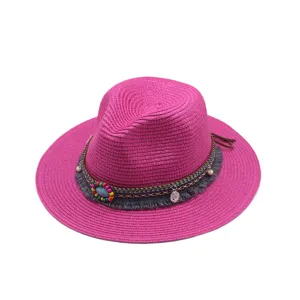 Sombrero fedora de paja bohemio con banda de flecos de cuentas coloridas, sombrero de sol elegante.