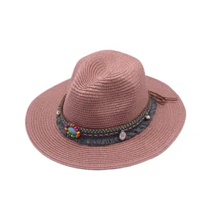 Sombrero de paja boho para mujer, sombrero de sol de verano rosa vintage con cinta de cuentas.
