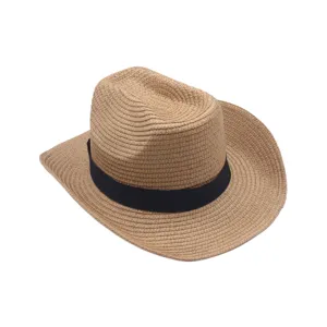 Chapeau de paille classique avec ruban noir, idéal pour la plage d'été et les voyages.