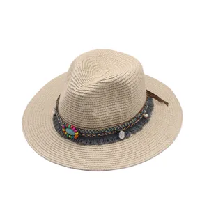 Sombrero de paja retro con banda de cuentas de colores y flecos, elegante sombrero de sol.