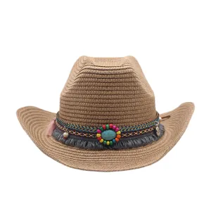 Chapeau de cowboy en paille ethnique pour plage d'ete, chapeau de soleil avec perles et glands.