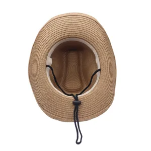 Chapeau de paille détail intérieur avec jugulaire réglable et bande de sueur pour l'été.