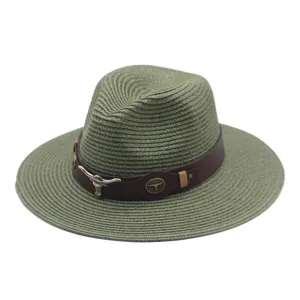 Chapeau de cow-boy western en paille verte pour l'été, protection solaire et style jazz.