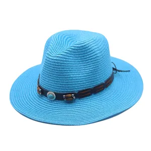 Chapeau de soleil en paille bleu avec ceinture en cuir perles pour femmes hommes été voyage plage