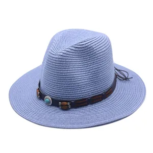 Chapeau fedora en paille d'été unisexe, large bord protection solaire avec bande en cuir.