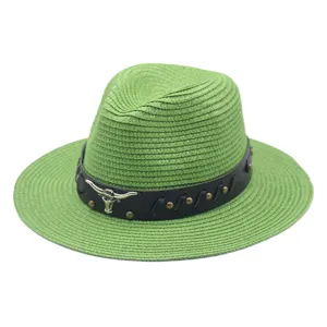 Chapeau de Paille Cowboy Western Vert pour Femme Soleil Plage Fedora Mode Tendance