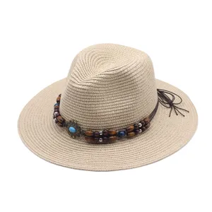 Beige Strohhut Fedora für Damen mit Holzperlenband und Fransen, Sommer Strand Sonnenhut.