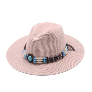 Cappello di Paglia da Cowboy Occidentale Per Donna Uomo Tesa Larga Protezione Solare Cappello Paglia Retro Fascia Perline Estate Spiaggia