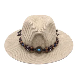 Klassischer gewebter Stroh Fedora Hut für Damen Sommer Strand Sonnenschutz Urlaub Stil