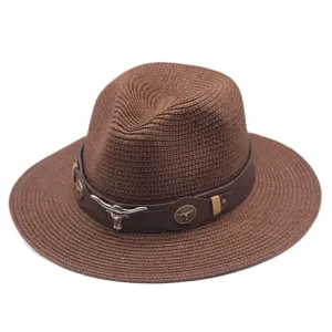 Chapeau de cowboy tissé marron avec bande en cuir et crâne de taureau, chapeau d'été.