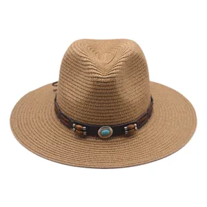 Chapeau de paille d'été pour homme femme large bord chapeau de soleil ceinture turquoise