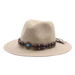 Damen Sommer gewebter Strohhut mit Holzperlen, vintage Strand Sonnenschutz Jazz Fedora Hut.