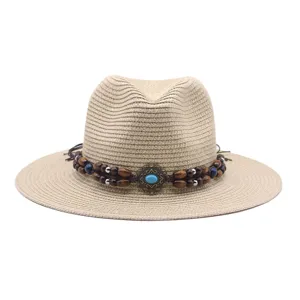Damen Strohhut Sommer Strand Sonnenhut Fedora mit Perlenband Boho geflochtener Hut