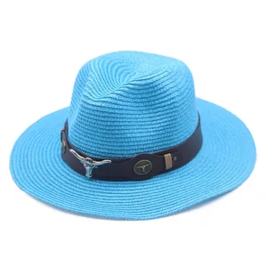 Chapeau de jazz en paille bleue pour protection solaire d'été, élégant chapeau de cowboy de voyage.