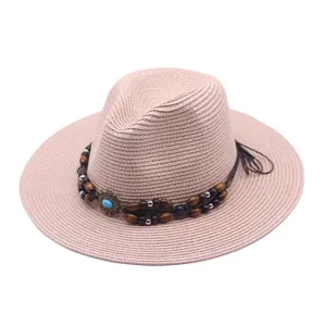 Damen Sommer Strohhut Fedora Strand Sonnenschutz Gewebtes Perlenband Panama Kappe Neu