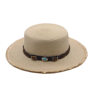 Damen Herren Sommer Flacher Strohhut Mit Ausgefranster Krempe Strandhut Boho Lederband Perlen Zonnehoed