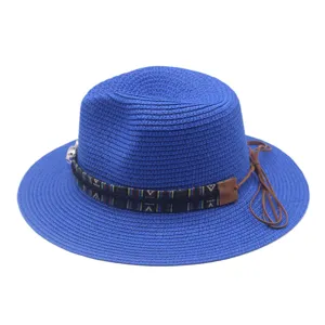 Blue straw fedora hat with ethnic band and leather strap, perfect for summer beach sun protection.
