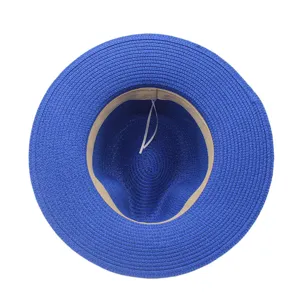 Blue straw fedora hat for summer beach sun protection with inner adjustable string details