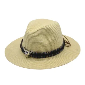 Summer straw fedora hat with tribal band metal bull skull decor beach sun hat unisex beige