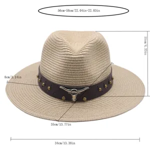 Straw hat detail view, beige fedora with brown leather band and metal bull skull decor.