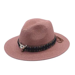Women's summer straw fedora hat ethnic tribal band western cowboy beach sun hat