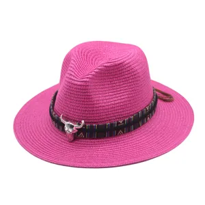 Pink straw fedora hat for women summer beach sun protection stylish western jazz cap