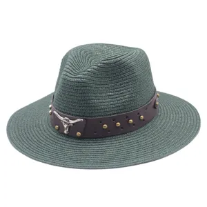 Green straw fedora hat with brown leather band and metal bull skull decor for summer outdoor.
