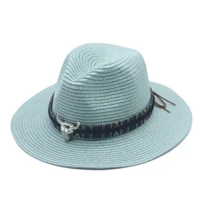 Light blue straw fedora hat with ethnic band and metal bull skull, sun protection summer beach.