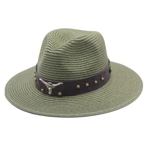Unisex straw sun hat western cowgirl cowboy hat with leather band and metal bull skull decor