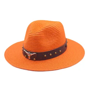 Orange straw fedora hat for summer, unisex beach sun hat with bull skull leather belt.