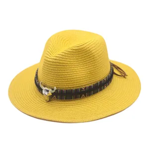 Yellow straw fedora hat for summer beach, western cowboy hat with metal bull skull and ethnic band.