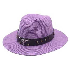 Stylish Purple Straw Hat Western Cow Skull Fedora Beach Sun Hat Unisex Panama Hat