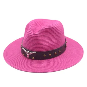 Pink straw fedora hat for women summer sun protection beach panama hat with metal bull decor.