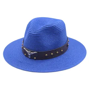 Blue straw fedora hat, summer sun protection beach panama hat with brown leather belt and bull skull.