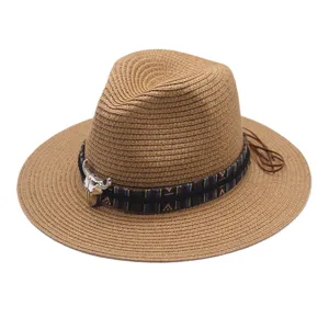 Summer straw fedora hat with tribal band and bull skull decor for men and women beach wear.