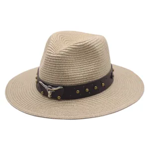 Western Unisex Straw Fedora Panama Hat Wide Brim Sun Hat With Leather Band Bull Head Rivet For Beach Holiday Outdoor Sunscreen