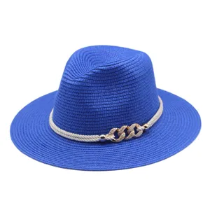 Chapeau fedora en paille bleu pour femme ete protection solaire plage casquette de loisir