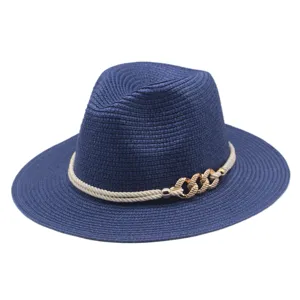 Chapeau de paille bleu pour femme chapeau fedora de plage anti-soleil avec decoration chaine
