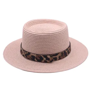 Dames platte strohoed met stijlvolle luipaardprint band zomer strand zonbescherming hoed.