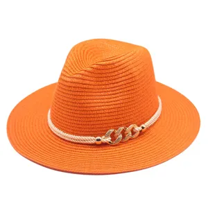 Chapeau de Paille Femme Large Bord Décontracté Jazz Panama Avec Chaîne Corde Torsadée Respirant Pare-soleil Plage Été Extérieur Protection Solaire