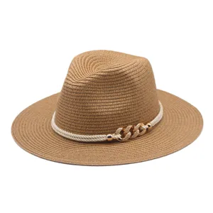 Chapeau Fedora en Paille d'Ete pour Femme Chapeau de Soleil de Plage avec Chaine