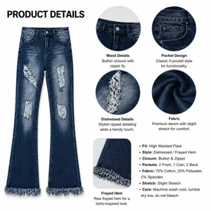 Detailed view of women high waisted distressed flare jeans with raw frayed hem and classic pockets.