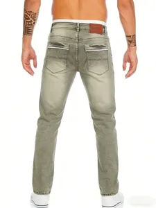 Uomo retro slavato slim dritto stretch jeans dettagli posteriori etichetta cuoio